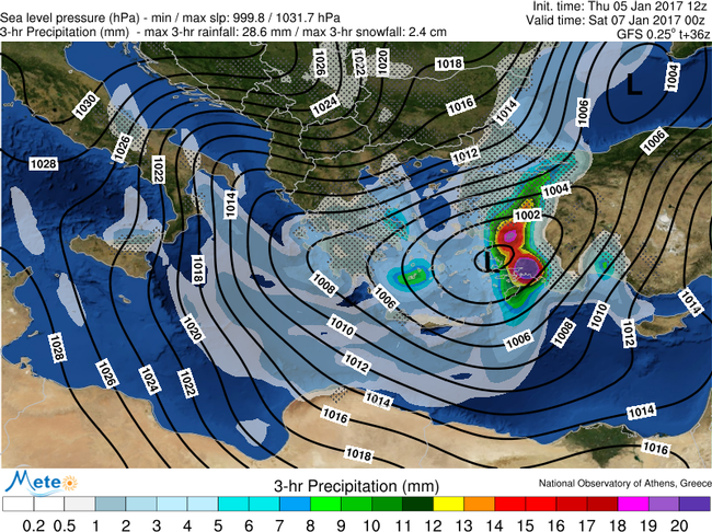 Χάρτης 2: Βαρομετική πίεση, βροχοπτώσεις και χιονοπτώσεις το βραδυ της Παρασκευής 06/01